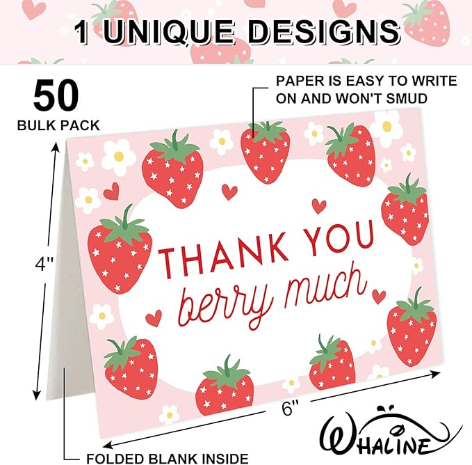 Whaline 50 Packs Strawberry Thank You Cards Red Pink Strawberry Flower Greeting Cards Blank Note Cards Boxed with Envelopes and Stickers for Birthday Baby Shower, 4 x 6 Inch