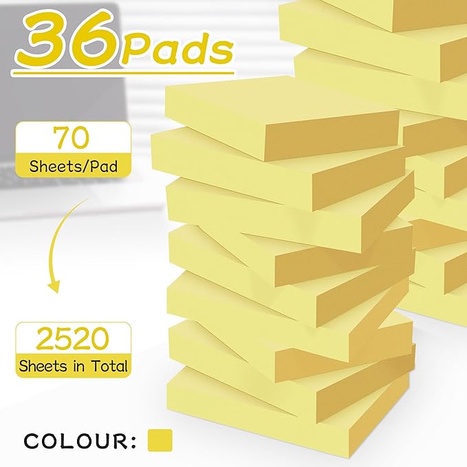 Mini Sticky Notes 1.5x2 in, 36 Pad Canary Yellow Strong Adhesive Post, Suitable for School, Home, Office, Clean Removal