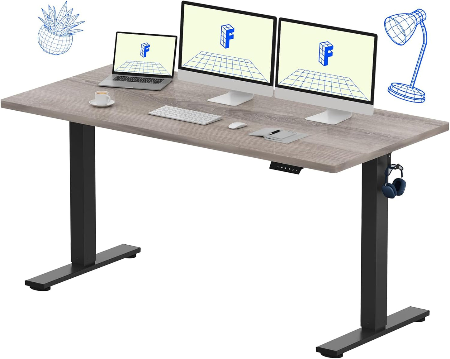 FLEXISPOT EN1 Whole Piece Standing Desk, 60 x 24 Inches Height Adjustable Desk Electric Sit Stand Desk for Home Office (Black Frame + Gray Wood Desktop, 2 Packages)
