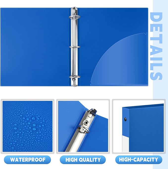 Henoyso 36 Pcs 3 Ring Binder 1/2'' Round Fits Letter Size 8. 5'' x 11'' Paper Plastic Flexible Binder Holds 100 Sheets with 1 Pockets Versatile Organizer for Office Home School (Blue)
