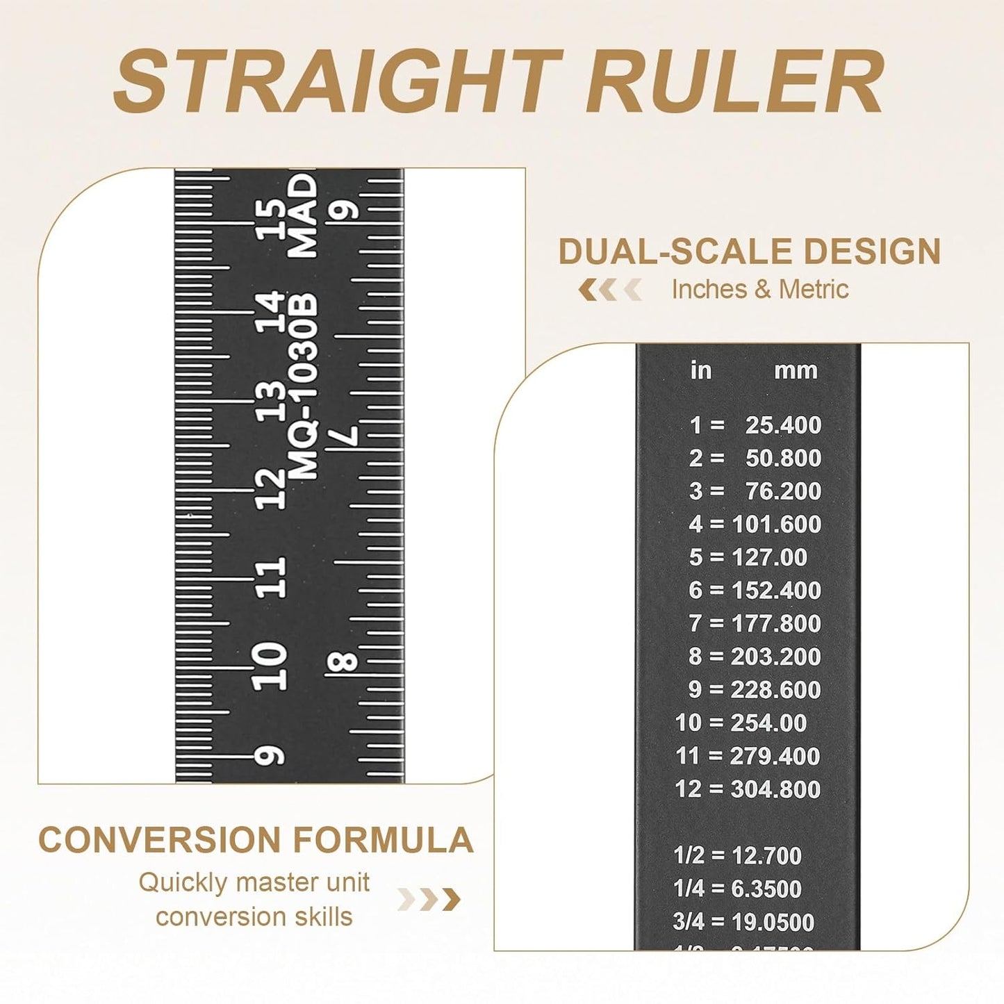 HARFINGTON 4pcs Metal Straight Ruler 30cm Metric SAE Aluminum Alloy Measuring Rulers Scale Tool with Hole for Measure Study Reading Classroom Office, Black