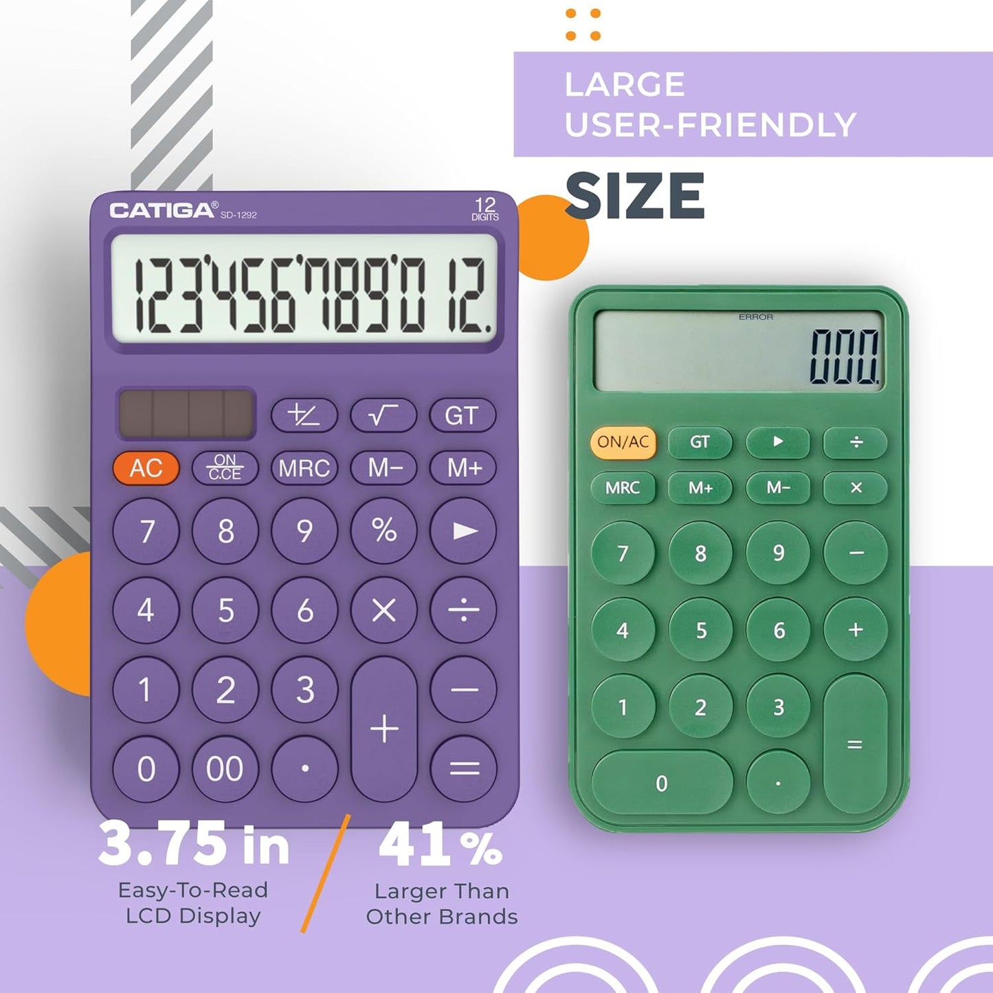 CATIGA 12 Digit Desktop Calculator Basic Desk Calculator with Large LCD Display, Big Buttons, 4 Function, Solar and Battery Dual Power, for Office, School, Home, SD-1292 Purple