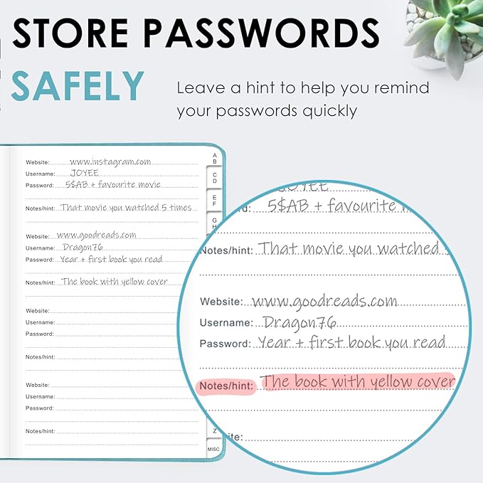 Elegant Password Book with Alphabetical Tabs - Hardcover Password Book for Internet Website Address Login - 5.2" x 7.6" Password Keeper and Organizer w/Notes Section & Back Pocket (Turquoise)