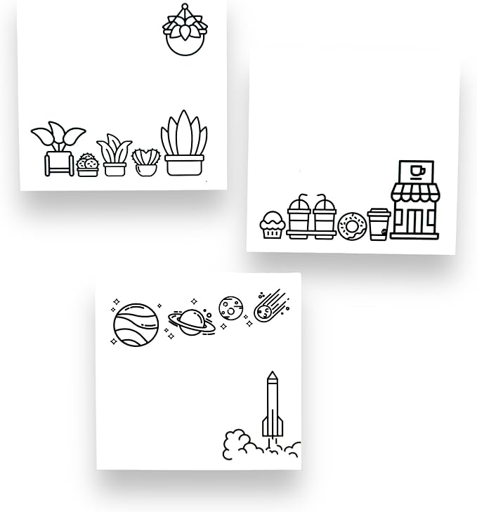 A Brighter Year Color Your Own Post-It Notes Bundle - 3 Sticky Note Pads - 3” x 3” Self Stick Notes - Coffee, Plant, & Space Themes -School, Office, Home, Travel, Notebook - Relaxation, Stress Relief