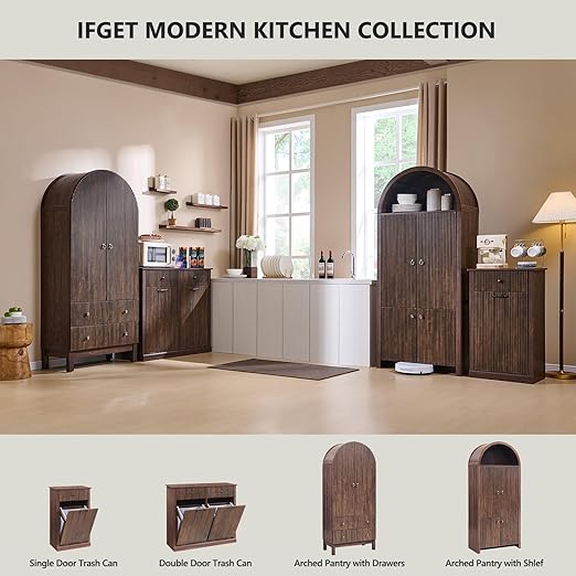 Modern Double Tilt-Out Trash Cabinet, 20 Gallon Fluted Laundry Hamper Cabinet with 2 Drawers, Wooden Hidden Garbage Can Cabinet w/Storage Basket,Free Standing for Kitchen & Living Room, Brown