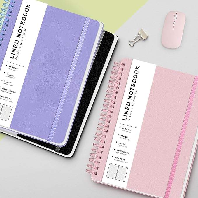 Lined Spiral Journal Notebook, A4 Hardcover Leather Notebook for Work, 8.5''×11'', 100GSM Thick Paper Spiral Bound Journaling Notebooks for Women & Men Office School Note Taking Business, Pink