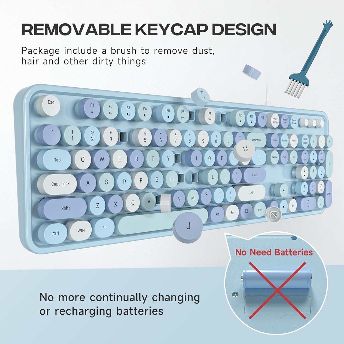 USB Wired Computer Keyboard - Retro Typewriter Keyboard - Full Size Office Keyboard with Number Pad, Caps Indicators, Foldable Stands, for PC Laptop Desktop Windows (Blue Colorful)