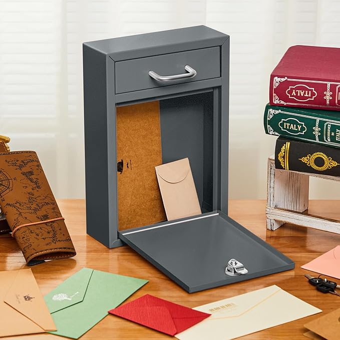 Locking Mailbox with Key for Outdoor 12.2 x 8.5 x 3 Inches Large Wall Mount Mail Box with Lock Security Mail Drop Metal Collection Boxes Hanging Secure Postbox(Dark Gray)