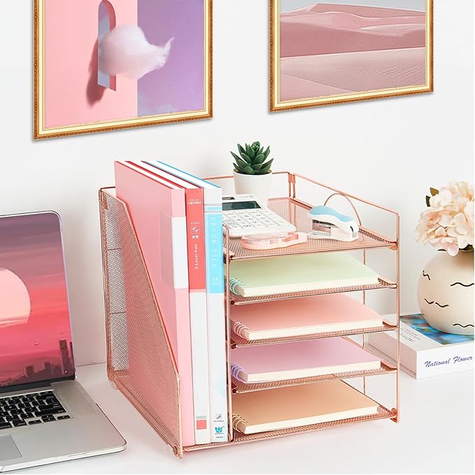 Desk Organizers and Accessories, 5-Tier Paper Letter Tray Organizer with File Holder, Desktop Organizer for Office Supplies, Office Desk Accessories & Workspace (Rose Gold)