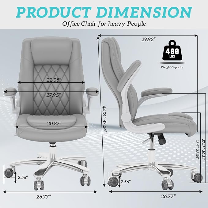 GYI O205P High Back Executive Office Chair, Big and Tall Office Chair 400LBS with Rubber Wheels,Ergonomic Adjustable Computer Desk Chairs with Padded Flip-up Armrests,Lumbar Support (Grey)