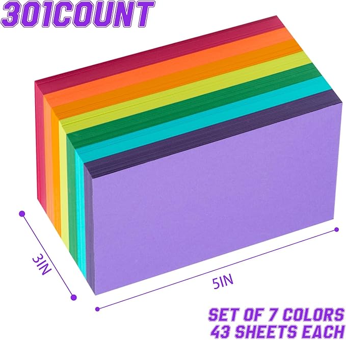 Index Cards 301-Count 3x5 Inch,178GSM Heavyweight Set of 7 Colors Paper Multicolor Study Cards (Rainbow)