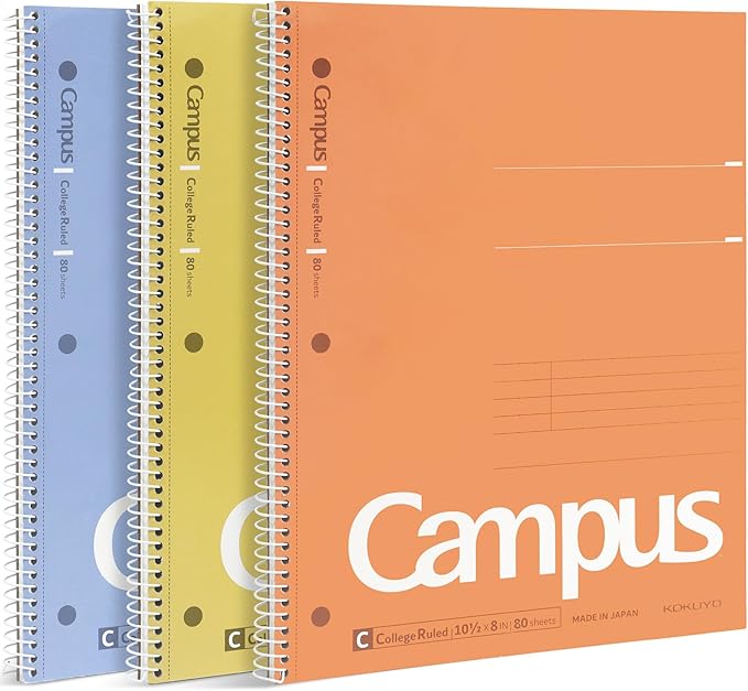 KOKUYO Spiral Notebook, 3 Pack Campus 10-1/2" x 8" Subject Notebooks with College Ruled, 80 Sheets, 3 Holes School Spiral Journal for Work Study Note Taking (Yellow, Orange, Purple)