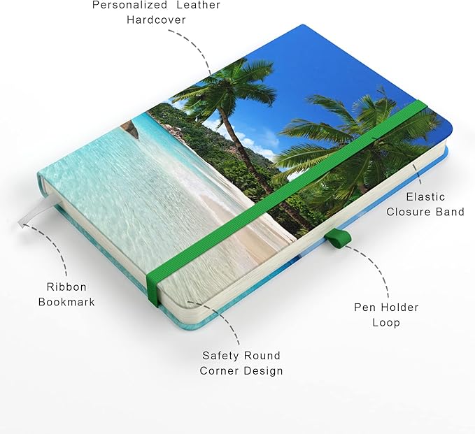 Small Notebook, Mini Pocket Journal A6 5.7" x 3.9", Leather Hardcover Journal with Pen Holder, 160 Thick Papers, Cute Lined Notebook Small Notepad for Women Writing Work Travel, Coconut Trees