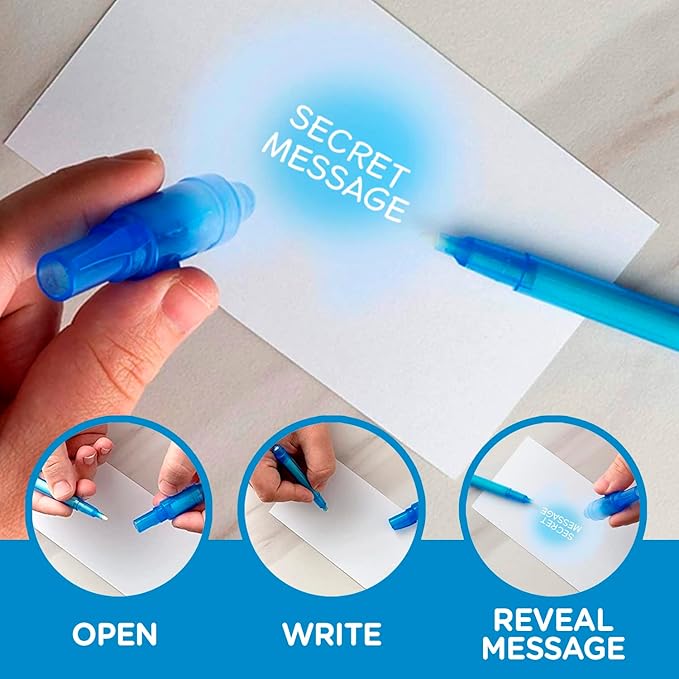 Personalized Invisible Disappearing Ink Pen Marker, Custom Secret Spy Message Writer with UV Light, Fun Activity Entertainment for Kid Party Favors Ideas Gifts and Stock Stuffers, 24 Pack, Blue