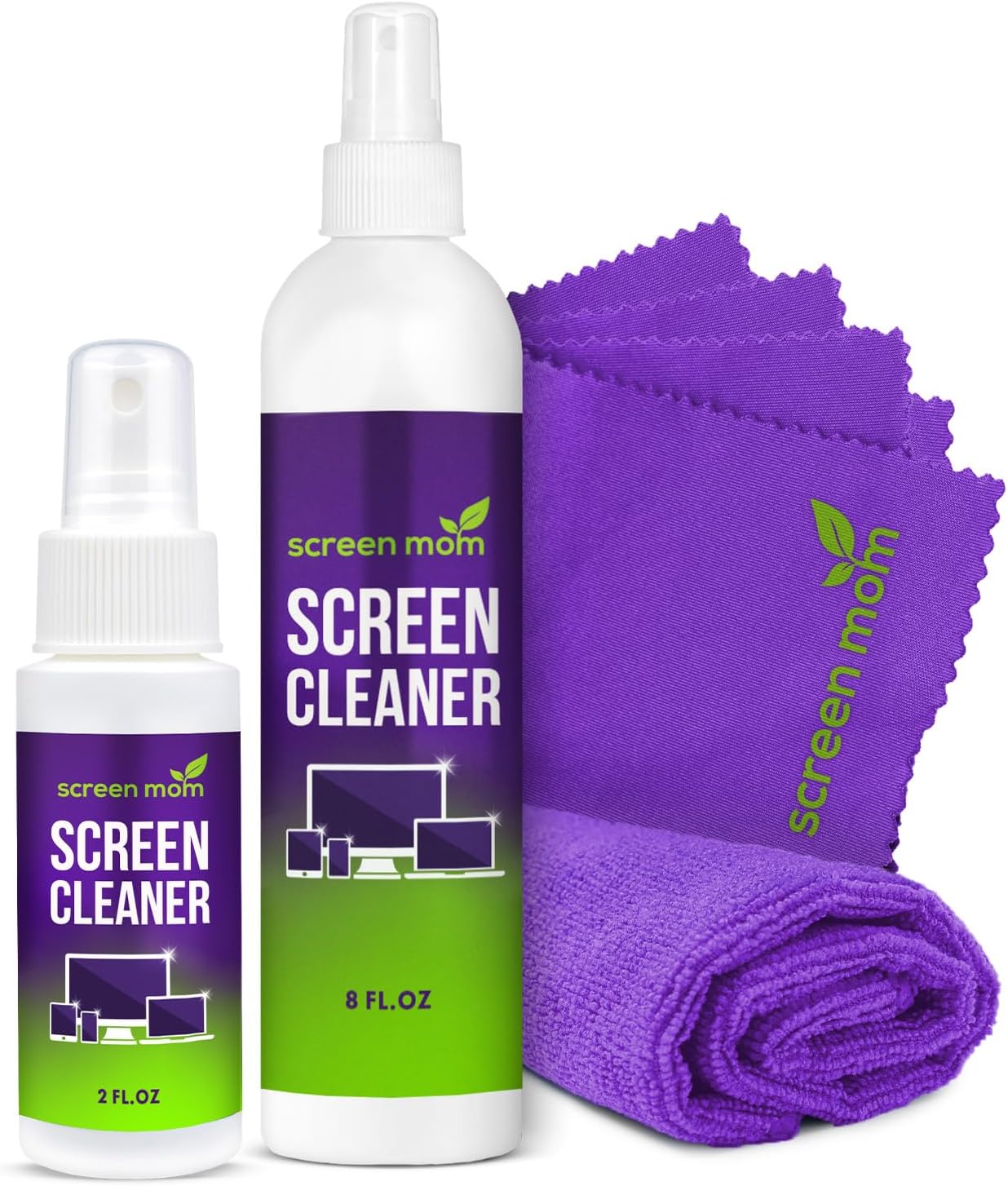 Screen Cleaner Spray and 4 Microfiber Cloths Bundle 8oz & 2oz, by Screen Mom, Eyeglasses or Monitor Screen Cleaner Spray and Wipe, Electronic Cleaner Spray, Car Screen Cleaning Kit