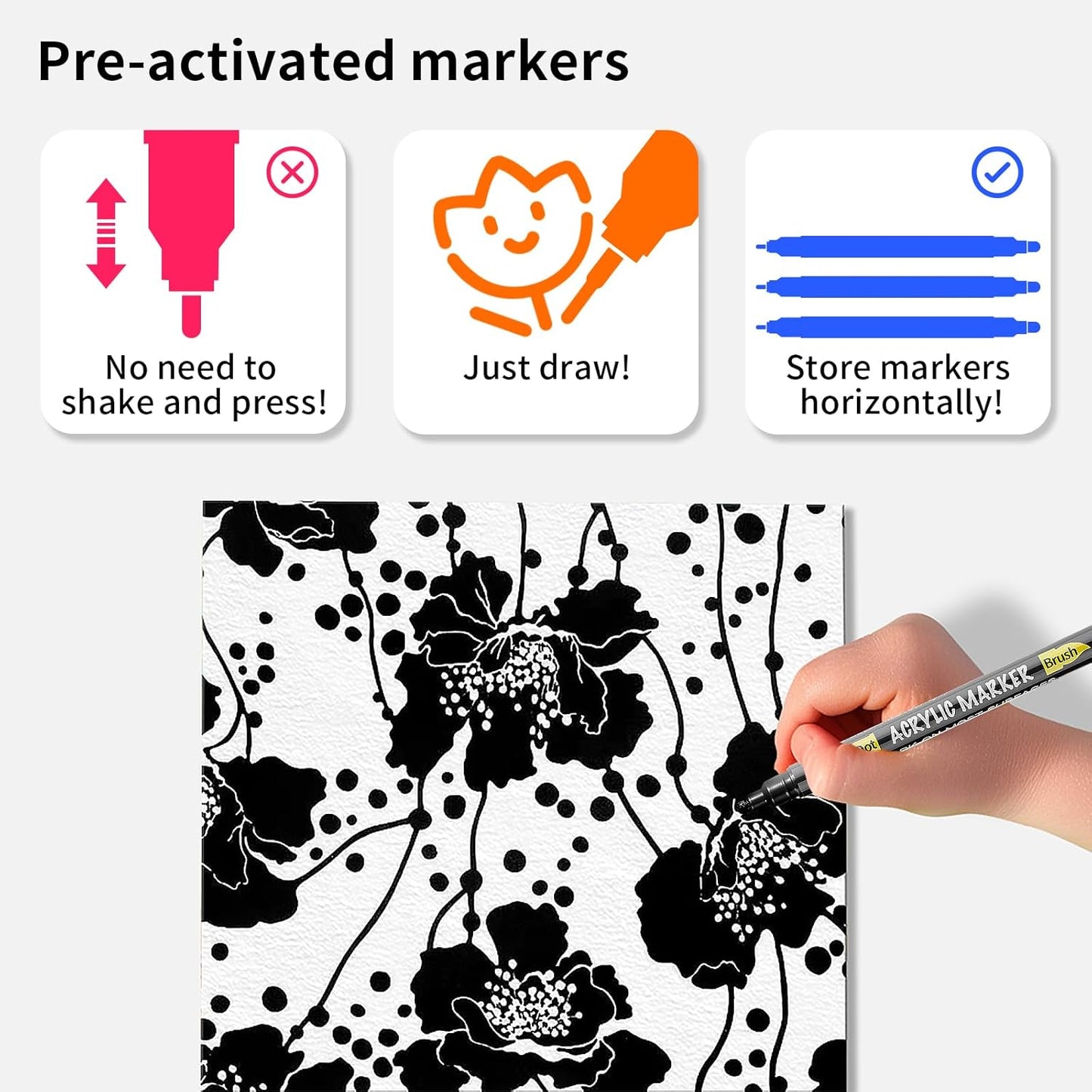 NAWOD 3 Black Acrylic Paint Pens, Acrylic Paint Markers Dual Tip (Dot Tip + Brush Tip), Acrylic Permanent Markers for Rock, Fabric, Canvas, Ceramic, Glass, Wood, Paper, Labeling, Drawing, DIY Crafts