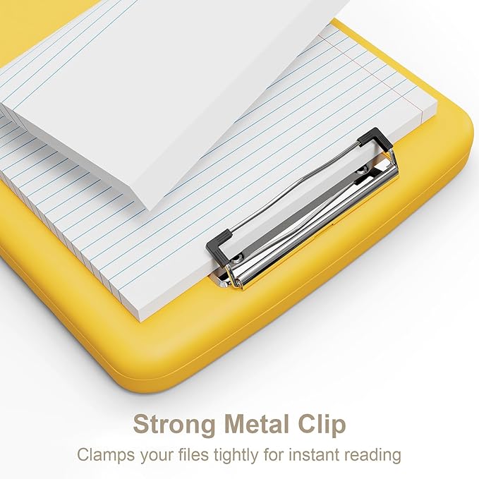 Piasoenc Clipboard with Storage, 8.5 x 11 Organization Box with Pen Holder and A4 Legal Paper Folder, Heavy Duty Plastic, Folio & Side-Opening, Low Profile Clip, for Nurses, Teachers, Yellow