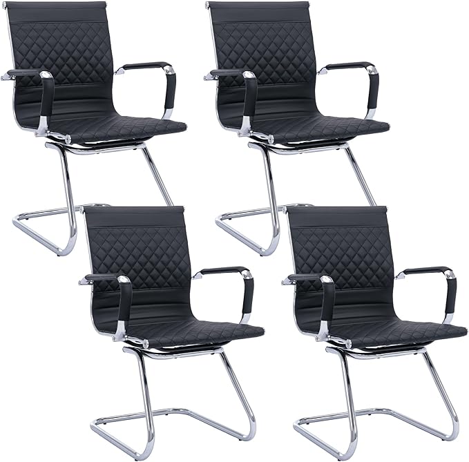 Office & Conference Room Chairs Set of 4 with Mid Back, Modern PU Leather Desk Chairs, Black
