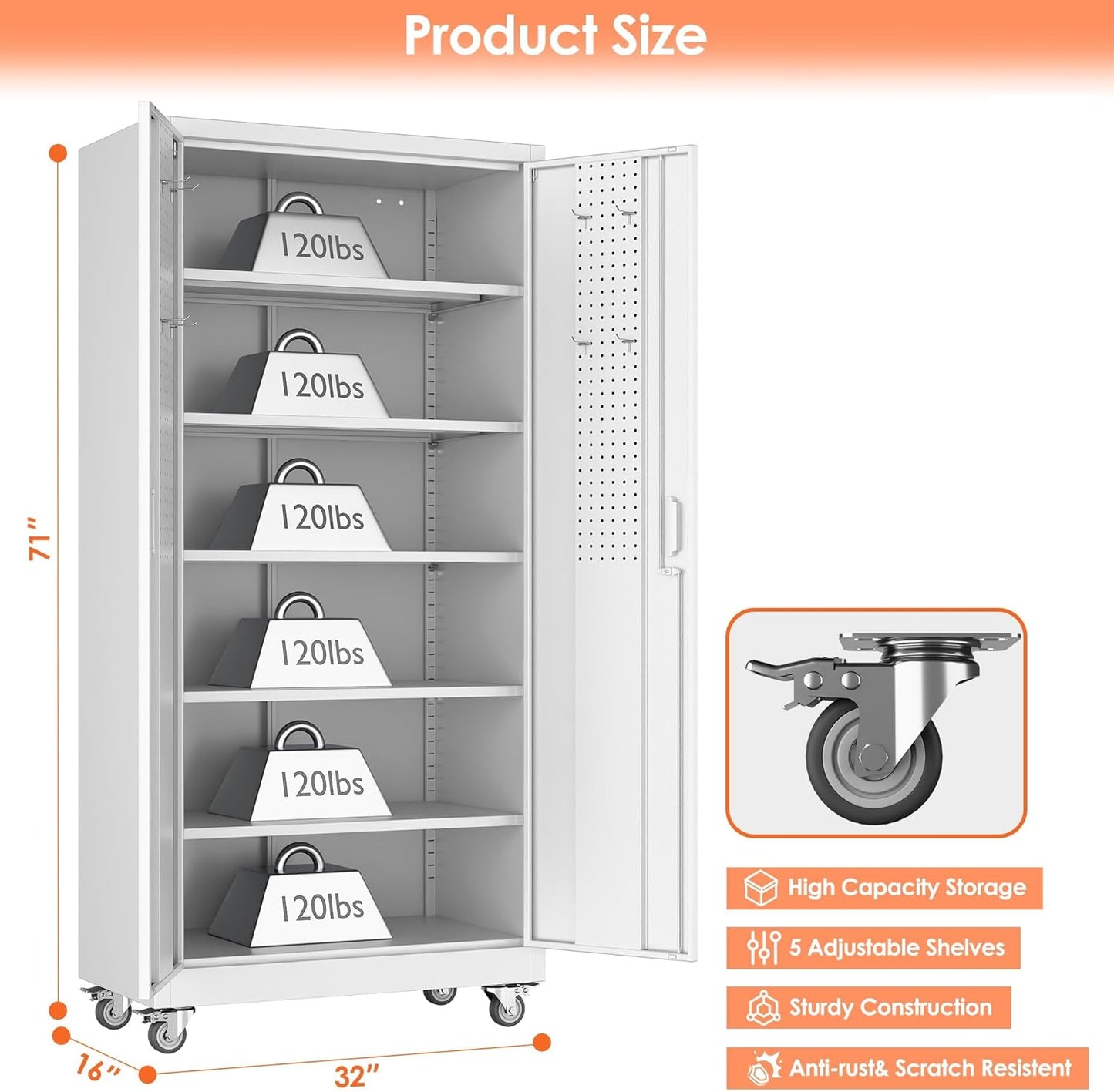 Aobabo Metal Storage Cabinet with Wheels,Heavy Duty Office Storage Cabinet with Lock,Steel Cabinet with 2 Doors and 5 Adjustable Shelves for Office Home School Storage,Required-Assembly White