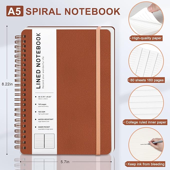Lined Spiral Journal Notebook, A5 Hardcover Leather Notebook for Work, 5.7''×8.2'', 100GSM Thick Paper Spiral Bound Journaling Notebooks for Women & Men Office School Note Taking Business, Brown
