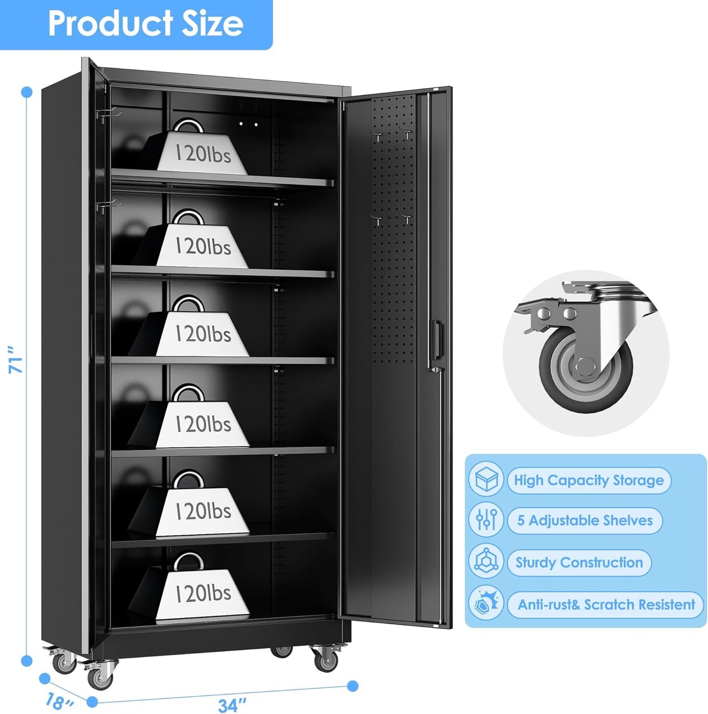 Aobabo Upgraded Garage Storage Cabinets with Wheels,Metal Storage Cabinets with 5 Adjustable Shelves for Garage Home Office Storage, Black,71''H*34''W*18''D,Assembly Required