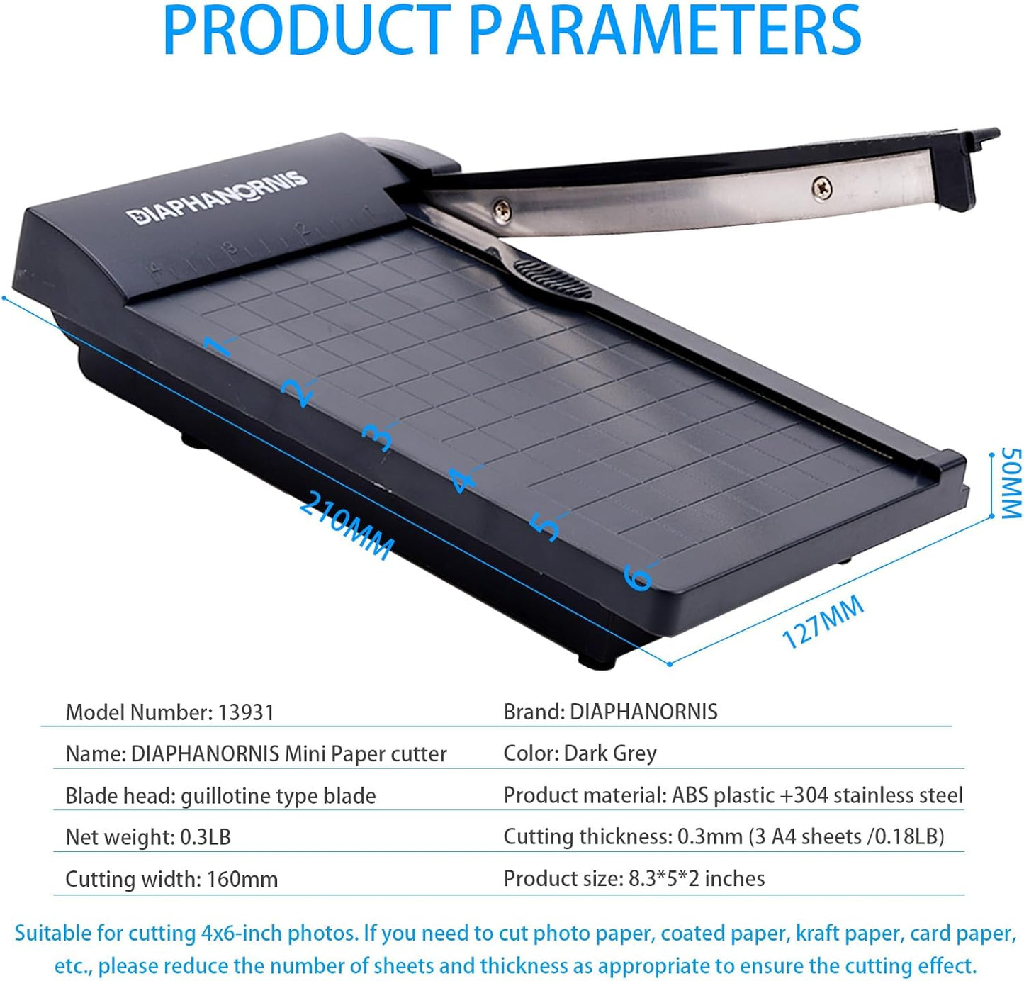 Guillotine Paper Trimmer, Mini Compact Paper Cutter, 1/4-Inch Grid for Precision Cutting, Straight Cuts Up to 3 Sheets, Perfect for Photos,Coupons,Card Making and Small Craft Projects (Grey)