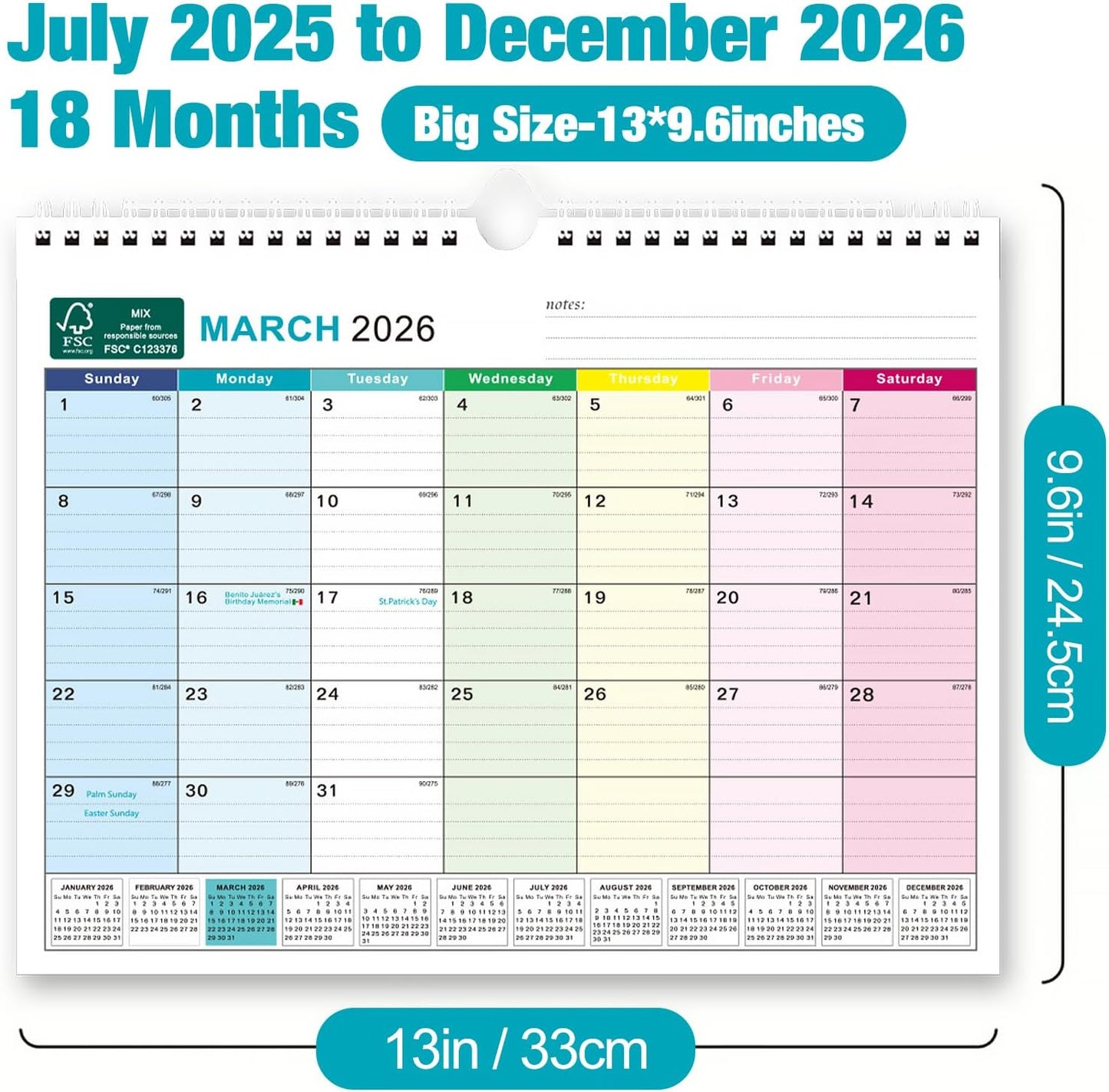BOCT Wall Calendar 2025-2026 - Includes July 2025 to December 2026-18 Monthly Daily Planner 13 x 9.6 Inches, Julian Dates for New Year Christmas Gifts