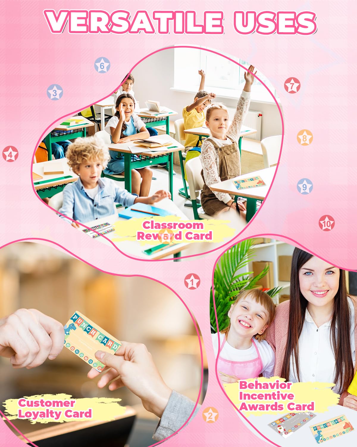 UCEC 200 Pieces Punch Cards for Classroom with Star Hole Puncher, Incentive Loyalty Reward Card with Handheld Single Punch Kit to Behavior for Business Home Classroom School Kids Students Teachers