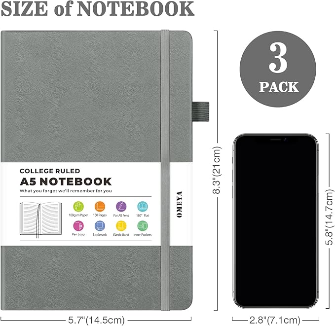 OMEYA Lined Journal Notebook, 3 Pack A5 College Ruled Notebooks for Work, Hardcover Notebook Each with 2 Pockets & Pen, Leather Journal for Women, Men, 160 Pages, 100GSM Thick Paper (Grey)