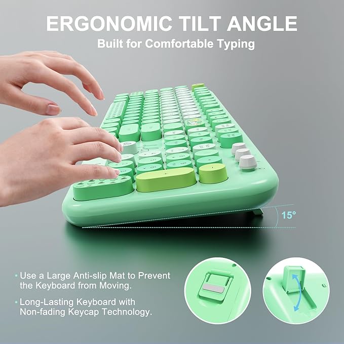 FOPETT Wireless Keyboard and Mouse Combo - 2.4G Full-Sized Cute Colorful Retro Keyboard with Round Keycaps 104 Keys Typewriter Keyboard for Laptop/Windows/PC-Green Colorful