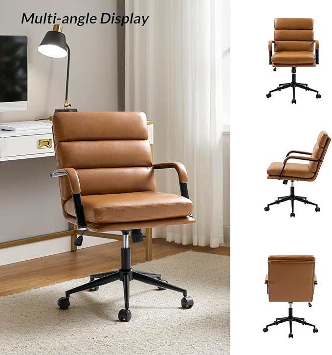 HULALA HOME Modern Faux Leather Home Office Chair with Tilt Lock & Metal Base, Desk Chair with Wheels & Padded Cushion, 360° Swivel Wide Seat Computer Task Chair, Camel