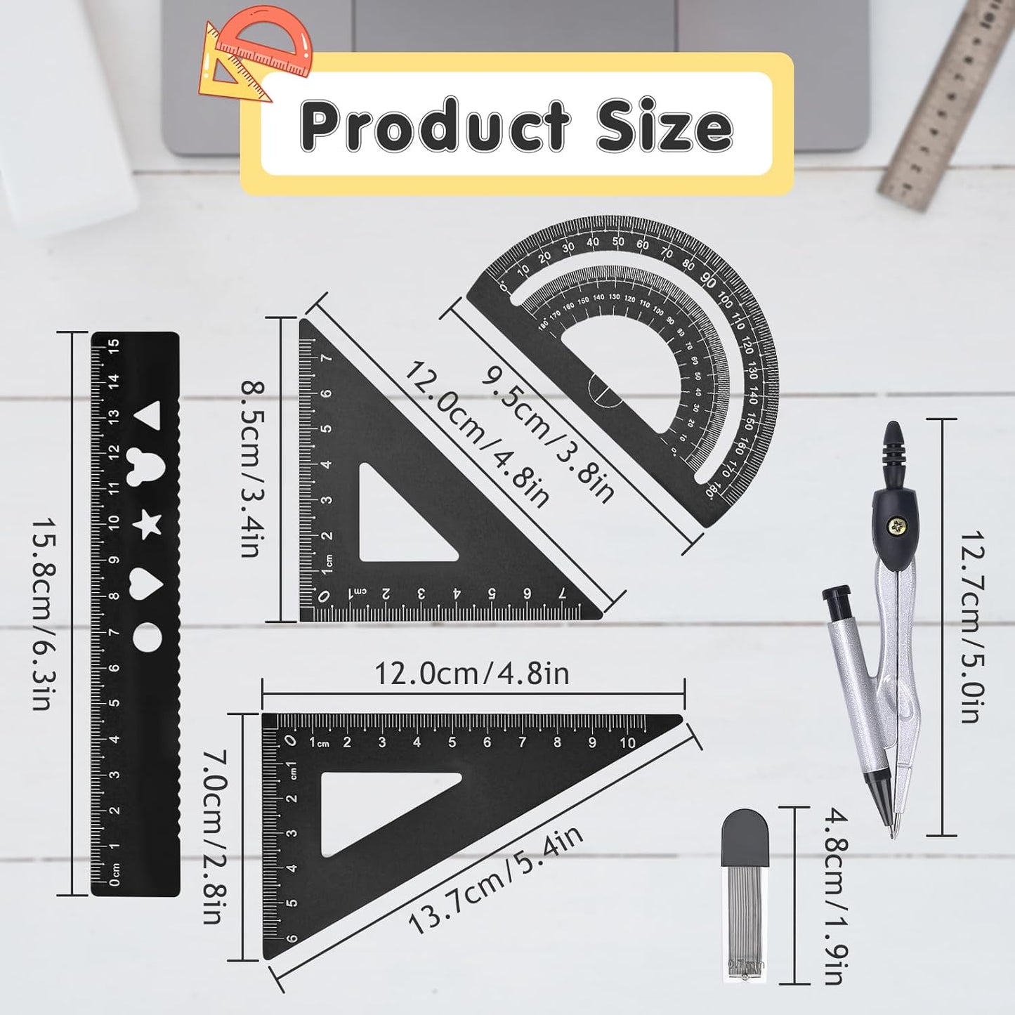6 Pcs Metal Geometry Set, Math Geometry Kit, Metal Ruler Set and Compass Geometry Tool, Rulers Protractor and Compass Set for Student School and Drawings Supplies (Black)