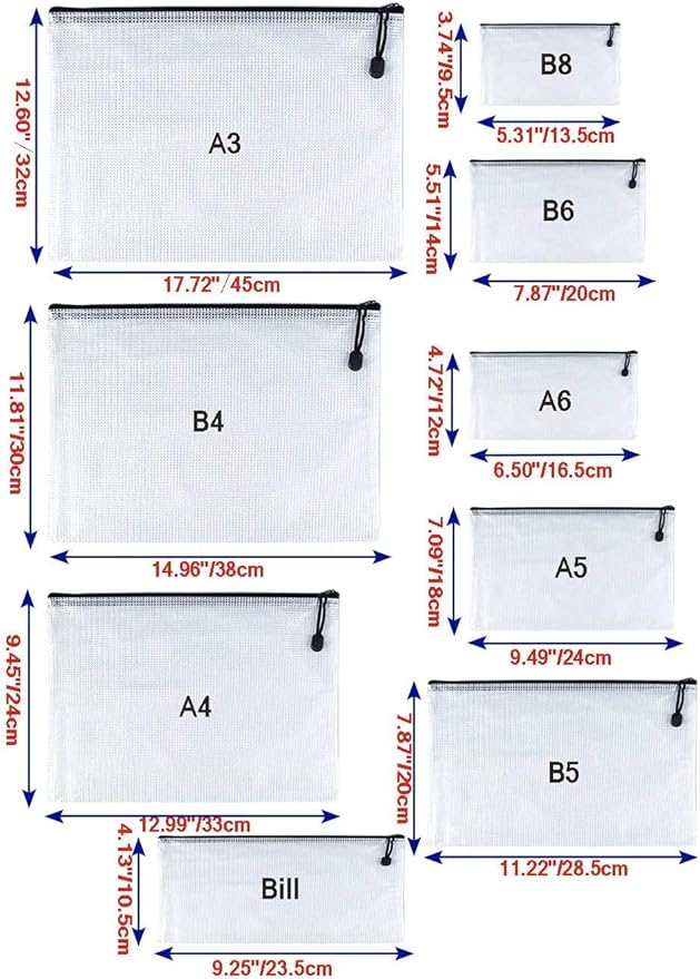 Oaimyy-B4(11.5"x 15",12 Pcs),Plastic Mesh Zipper Pouch Document Folders Bag & Zipper-Waterproof Zip File Folders for School Office Supplies, Travel,Puzzles Games Organizing Storage-Black