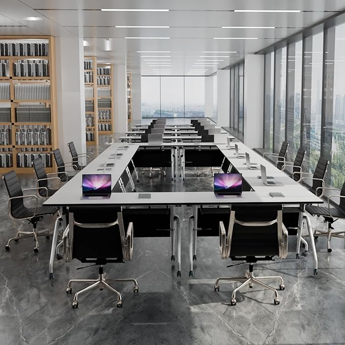 Conference Table, Folding Conference Room Tables, Mobile Training Tables with Silent Wheels, Large Rectangular Modular Seminar Table Office Computer Desks for Classroom White (2Pack L63in)