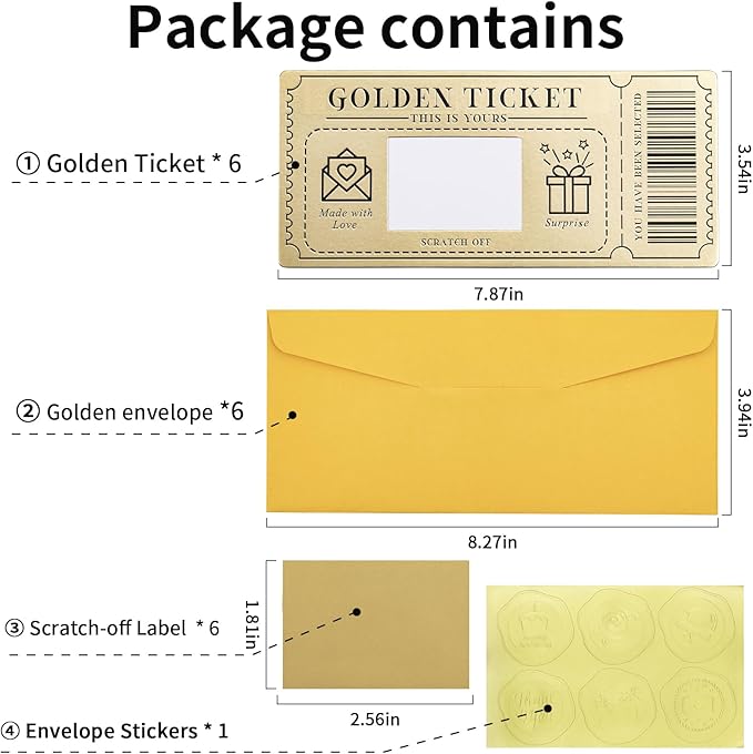6 Pieces Golden Ticket Scratch-off Cards with Envelopes, Scratch & Reveal Surprise Ticket for Writing Your Own Special for Birthday, Girlfriends, Wives, Valentine's Day Card, Christmas Gift Card