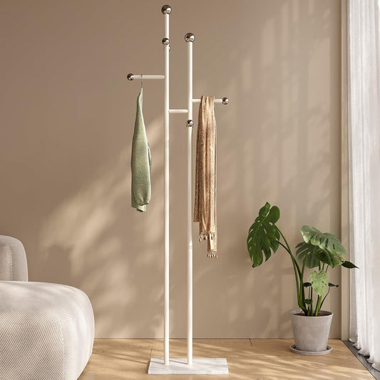 Free Standing Coat Rack with Marble Base & 8 Steel Hooks Clothes Rack for Entryway Bedroom Living Room Hotel 14.96 x 10.24 x 68.9 Inches (White)