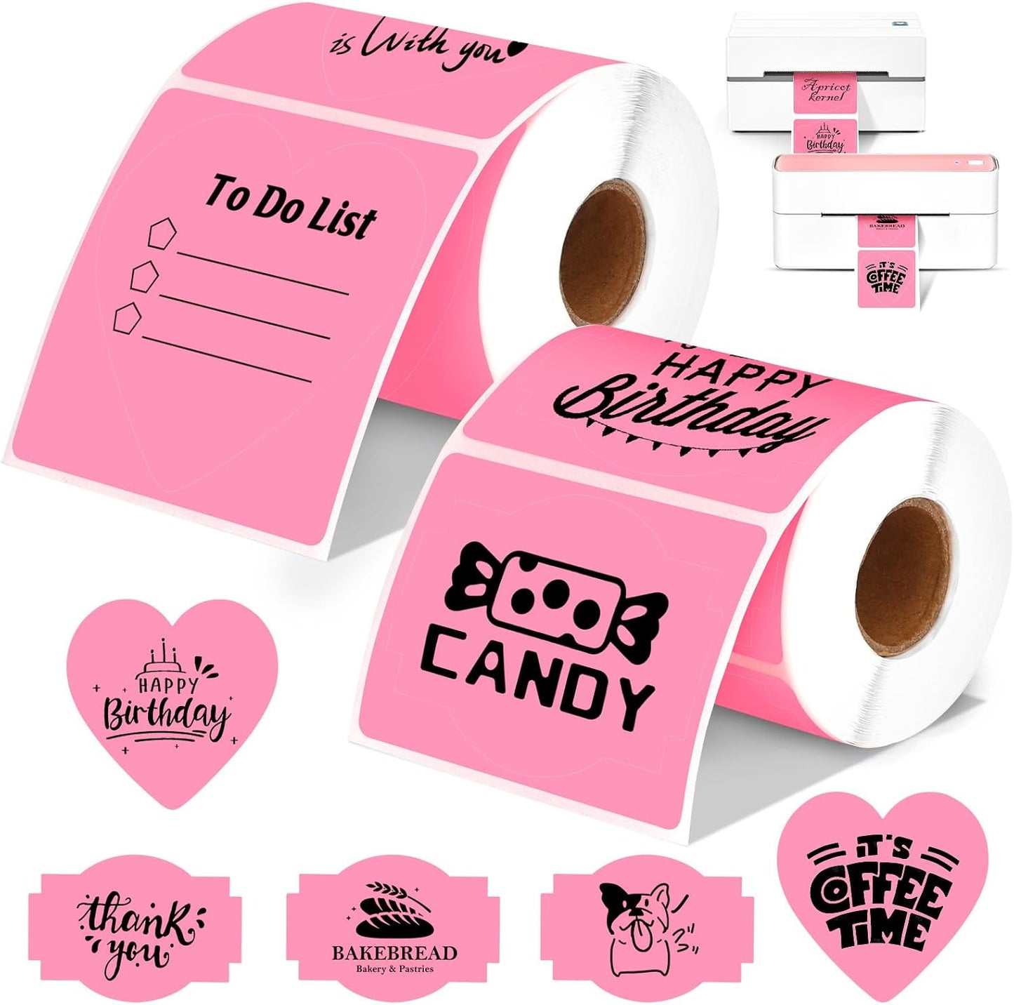 2 Rolls Pink Thermal Labels Personalized & Business Customized Label Stickers for Phomemo 241BT for MUNBYN 130B/RW402B Printers, 600Pcs Waterproof Shipping Label Sheet for Logo/Name/Thanks