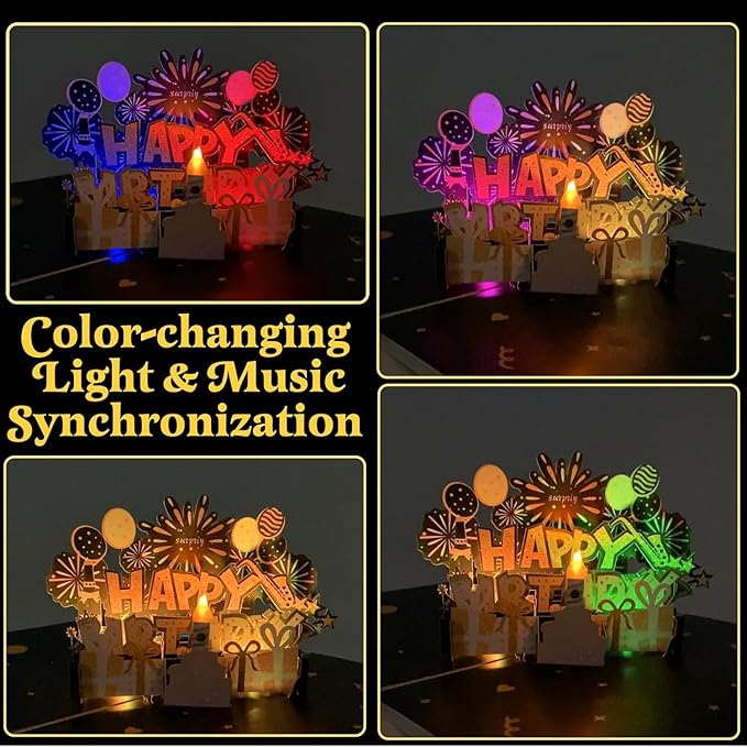 Elegant 3D Pop-Up Birthday Card with LED Lights – Blowable Candle & Music Greeting Card for Women, Mom, Daughter Black Gold