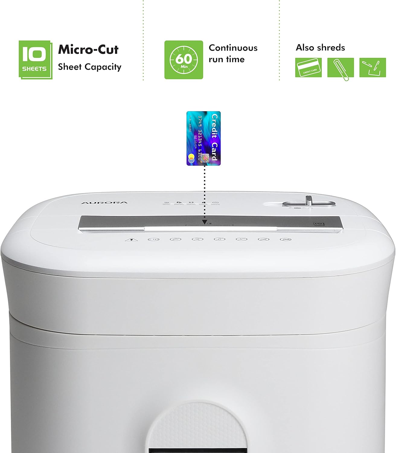 Aurora Professional Grade 10-Sheet High Security Micro-Cut Paper and Credit Card Shredder/ 60 Minutes/Security Level P-5, White