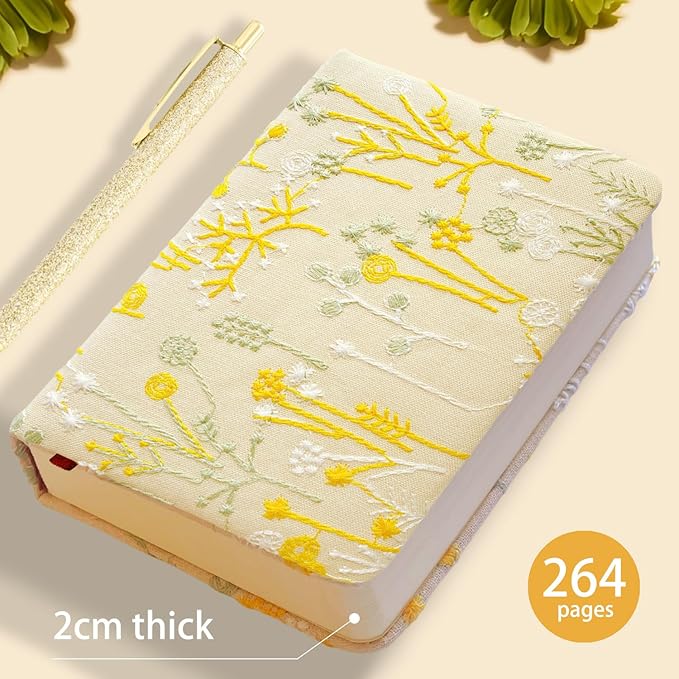 Embroidered Pocket Notebook for Women, A6 Mini Cloth Journal, Hardcover, 264 Pages, 4x6 Small Lined Notebook & Sketchbook, Beautiful Diary, Little Notepad, Apricot Yellow.