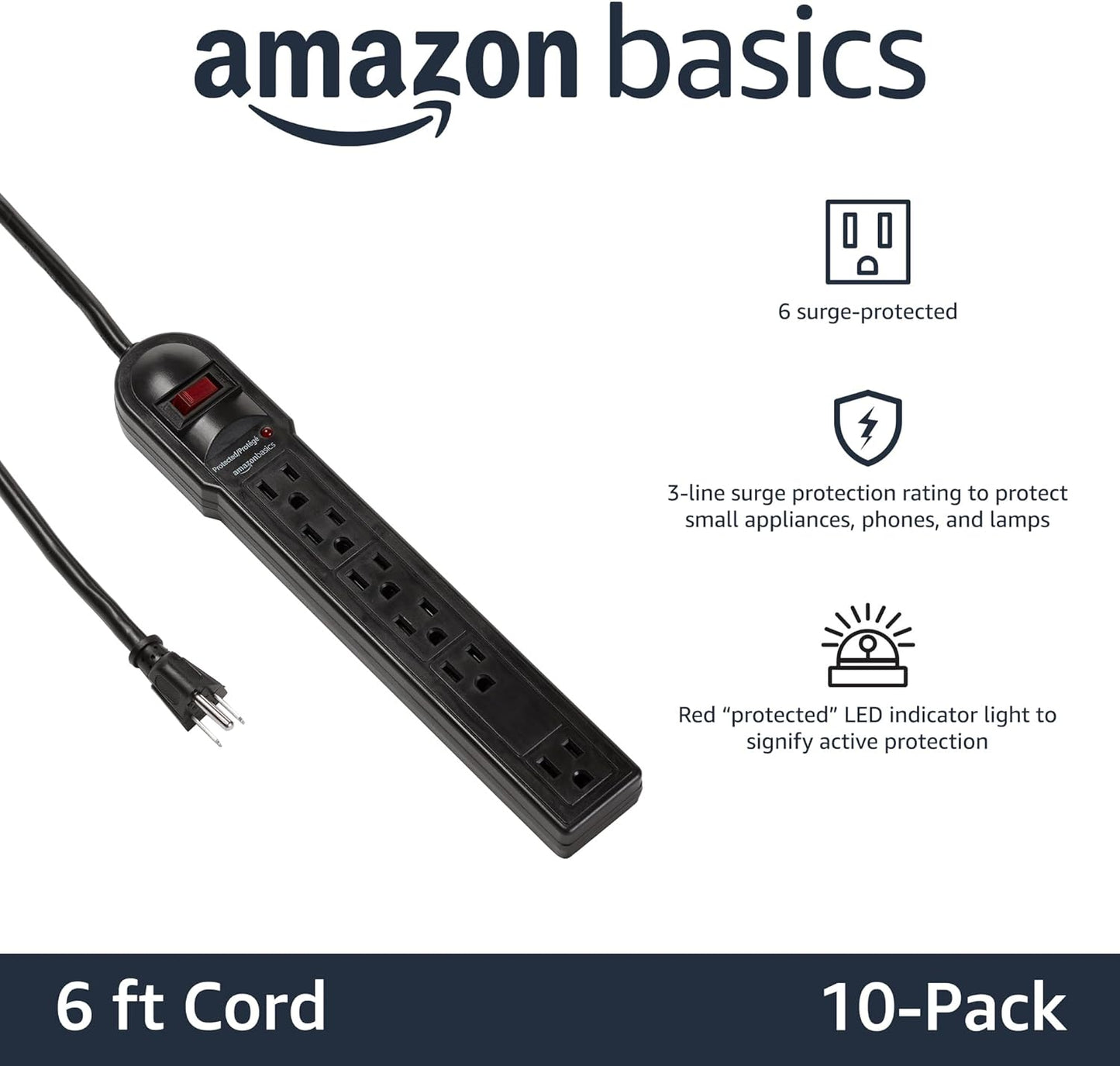 Amazon Basics Surge Protector Power Strip, 6-Outlet, 790 Joules, LED Indicator, 6ft Extension Cord, 10-Pack , Black