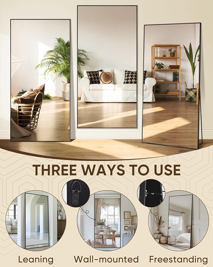 Antok Full Length Mirror, 76"x34" Floor Mirror, Floor Standing Freestanding Full Body Mirror with Stand for Bedroom, Hanging Mounted for Living Room Cloakroom, Black