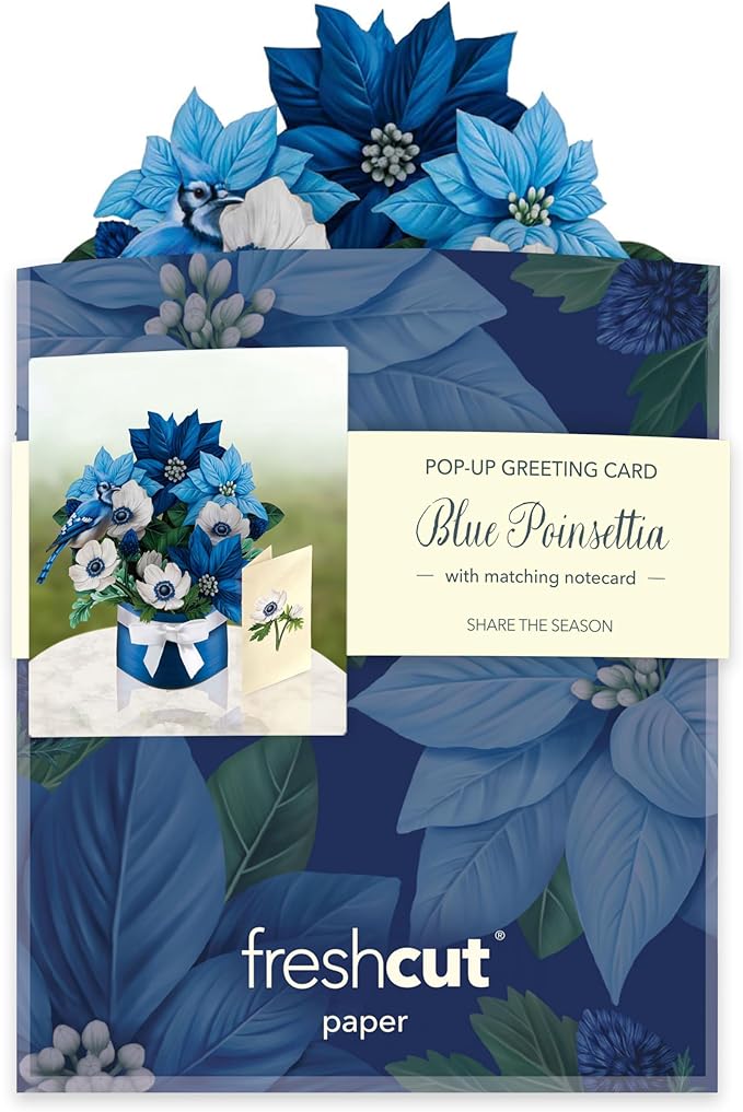 Freshcut Paper Pop Up Cards, Mini Blue Poinsettia, 6 Inch Mini Sized Forever Flower Bouquet 3D Popup Greeting Cards, Christmas Card, Holiday Card, Blank Notecard & Envelope