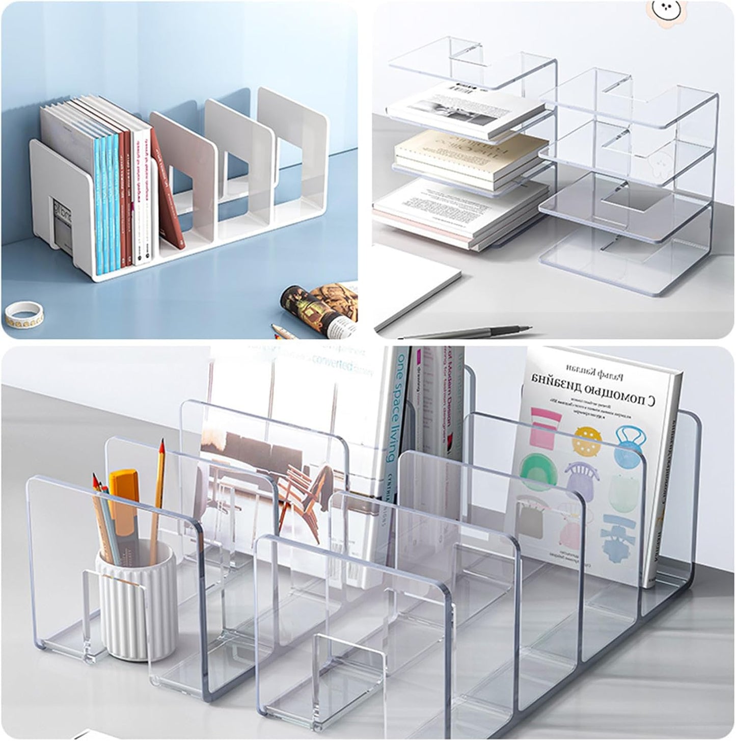 2PCS Acrylic File Organizer for Desk, Desktop Document/Mail Organizer, 4 Compartments Plastics Invisible Bookshelf Floating (12.5" x 5.7" x 5", SkyBlue)