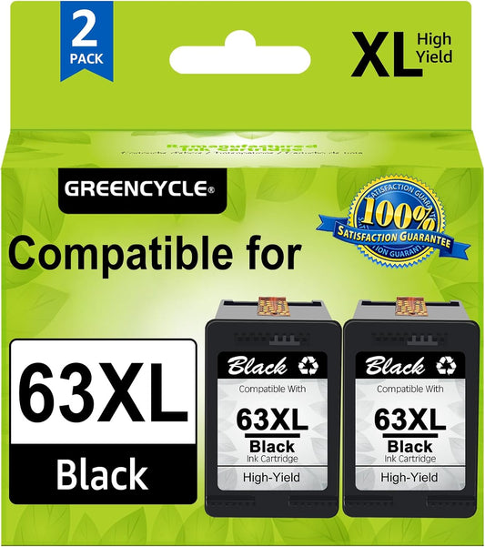 greencycle Remanufactured High Yield Ink Cartridge Replacement for HP 63 63XL F6U64AN Compatible with Envy 4520 4516 Officejet 4650 3830 3831 4655 Deskjet 3630 3632 3633 3636 Printer (Black, 2 Pack)