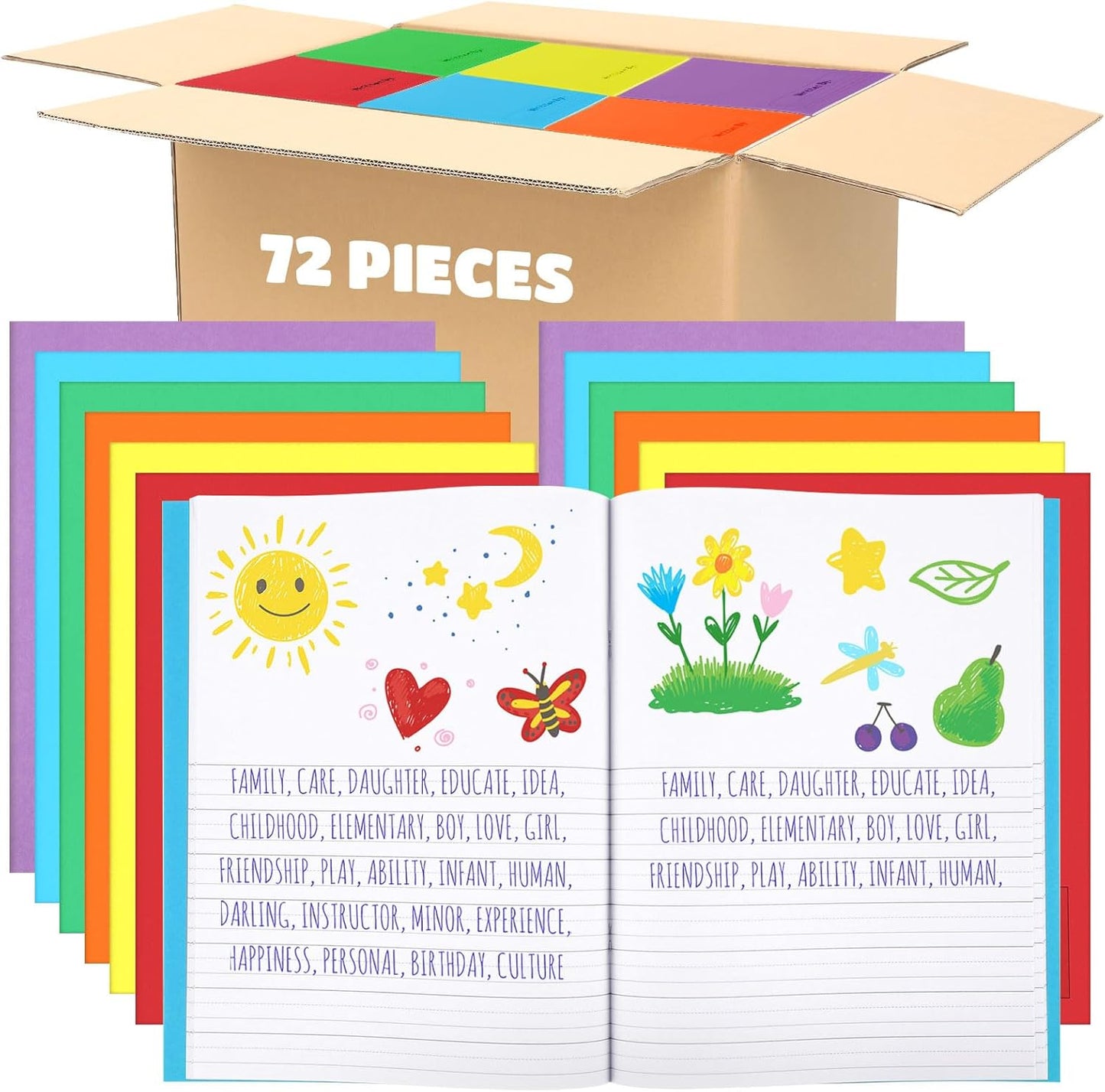 Henoyso 72 Pcs Primary Composition Notebook K-2 9 3/4 x 7 1/2 Inch Primary Journal, Back to School Supplies, Bulk Blank Writing Book for Kid to Write Draw Journal 60 Page Notebooks (Colorful)