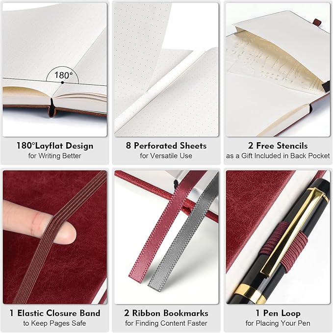 Dotted Journal Notebook, 312 Numbered Pages Large B5 Hardcover Leather Notebook, 100gsm No Bleed Paper Dot Grid Notebook with Index Pages, Dot Journal for Women Men, 7.6'' X 10'', Burgundy