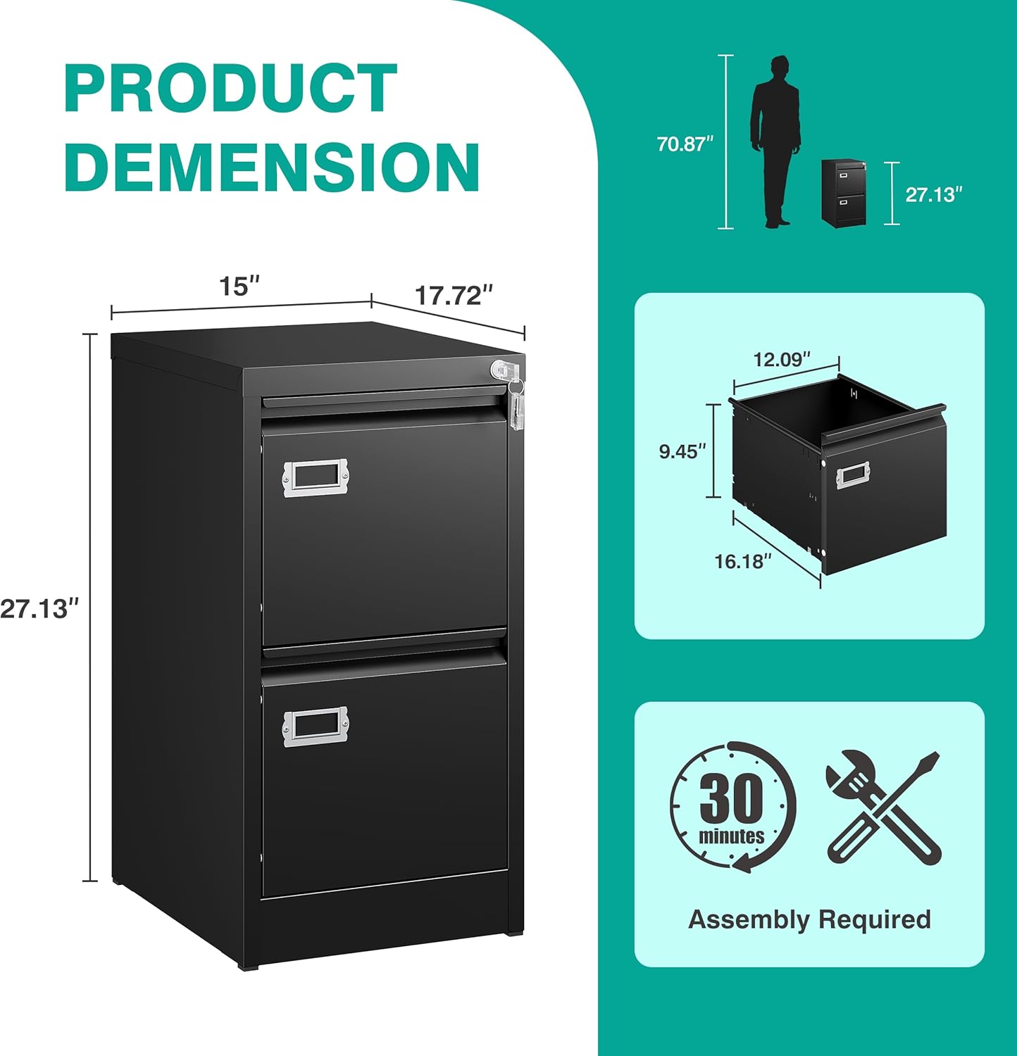 SISESOL 2 Drawer File Cabinet with Lock and Tag,Narrow Two Drawer Filing Cabinet,Vertical Metal File Cabinets,Small Filing Cabinets for Home Office Fit Letter/A4/Legal Size File,Easy Assembly