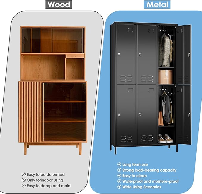 6 Doors Metal Locker for Employees with 18 Hooks and Business Card Holder,Metal Locker with Ventilation Holes for School Garage Office Gym Home,Assembly Required,Black