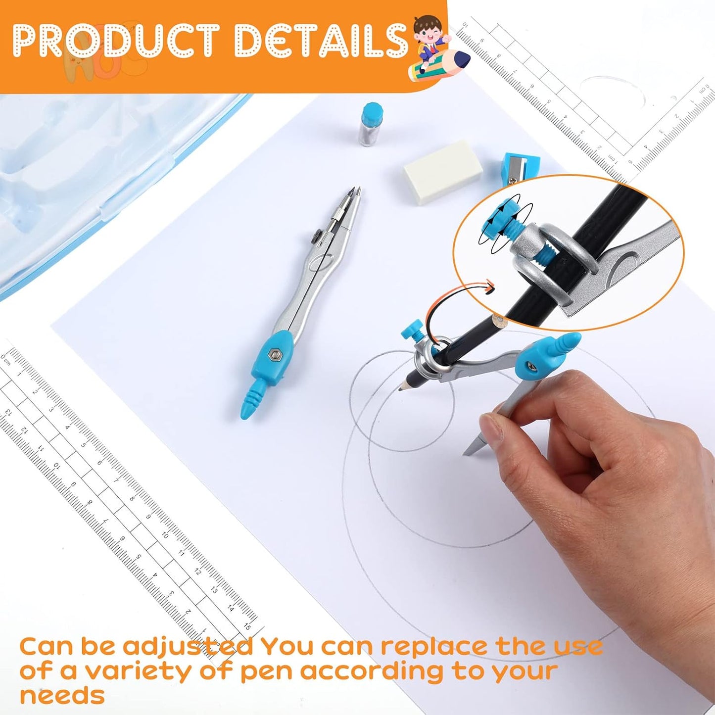 Teling 12 Sets Math Geometry Kit for Students 10 Pcs Compass Geometry Tools Set Includes Rulers Protractor Compass Eraser Pencil Sharpener Lead Refills Pencil (Colorful)